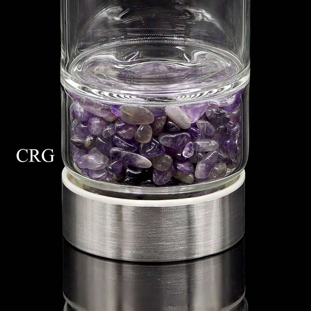 QTY 1 - Metal & Glass Water Bottle / Amethyst Gemstones