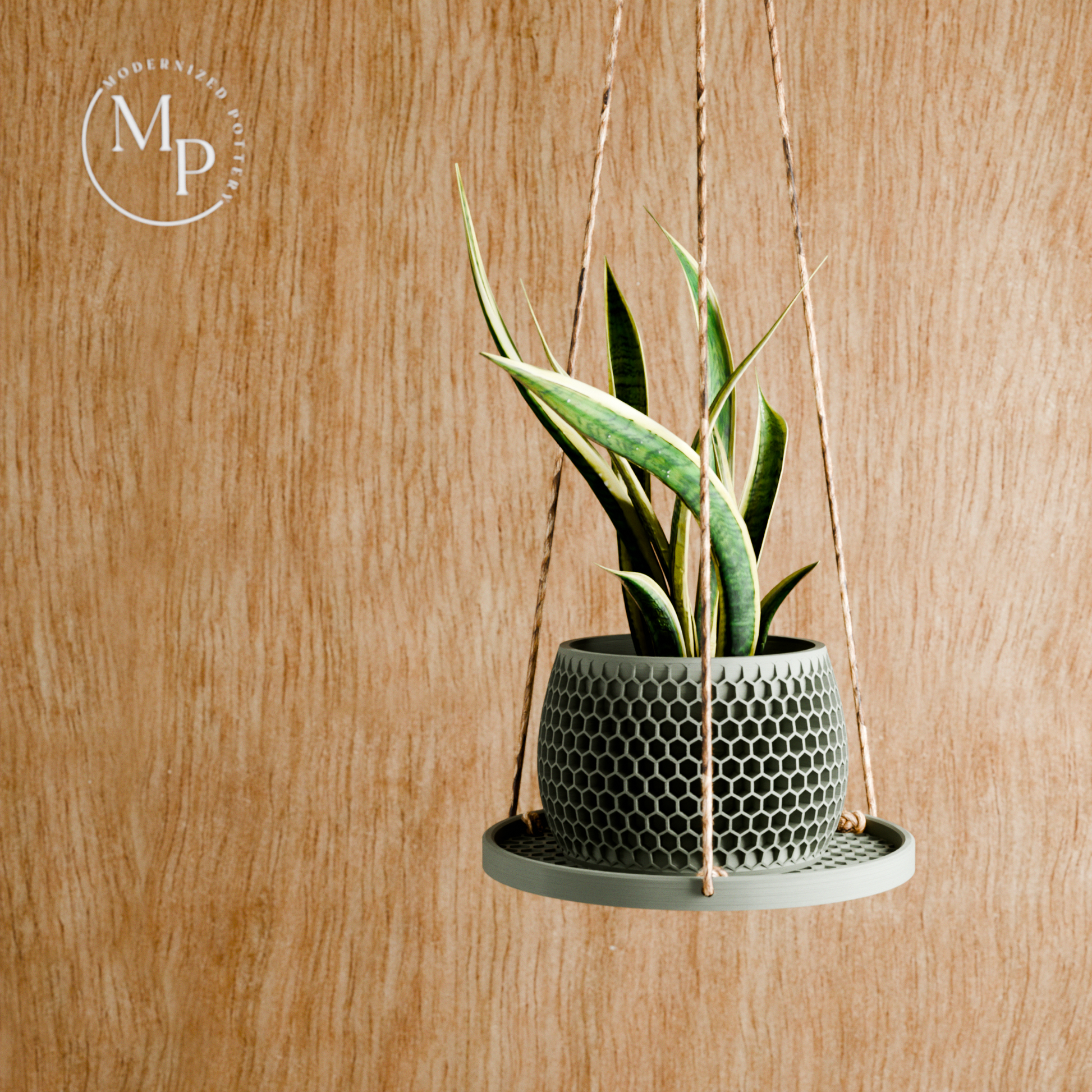 Hanging Plant Pot Tray | Honeycomb: Natural Wood / 10 Inches