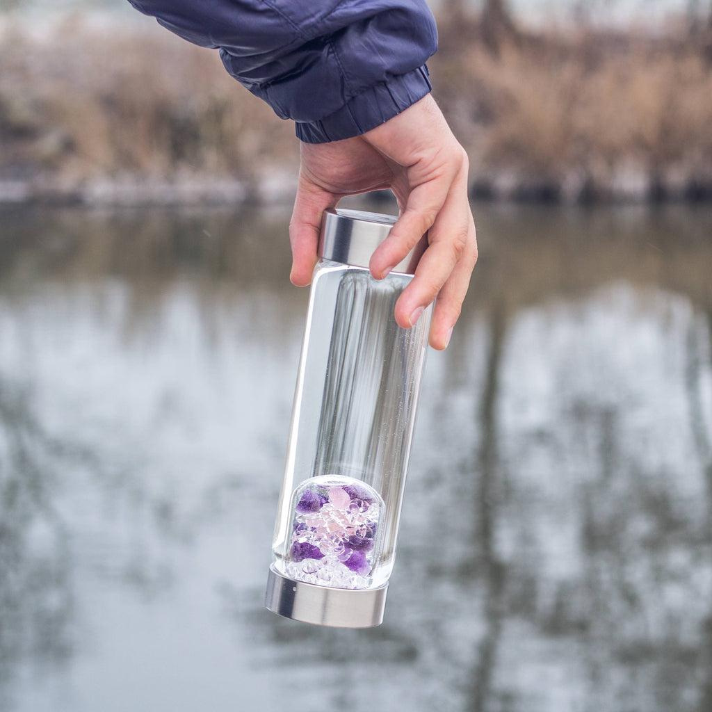 ViA Crystal Water Bottle | WELLNESS w Amethyst & Rose Quartz