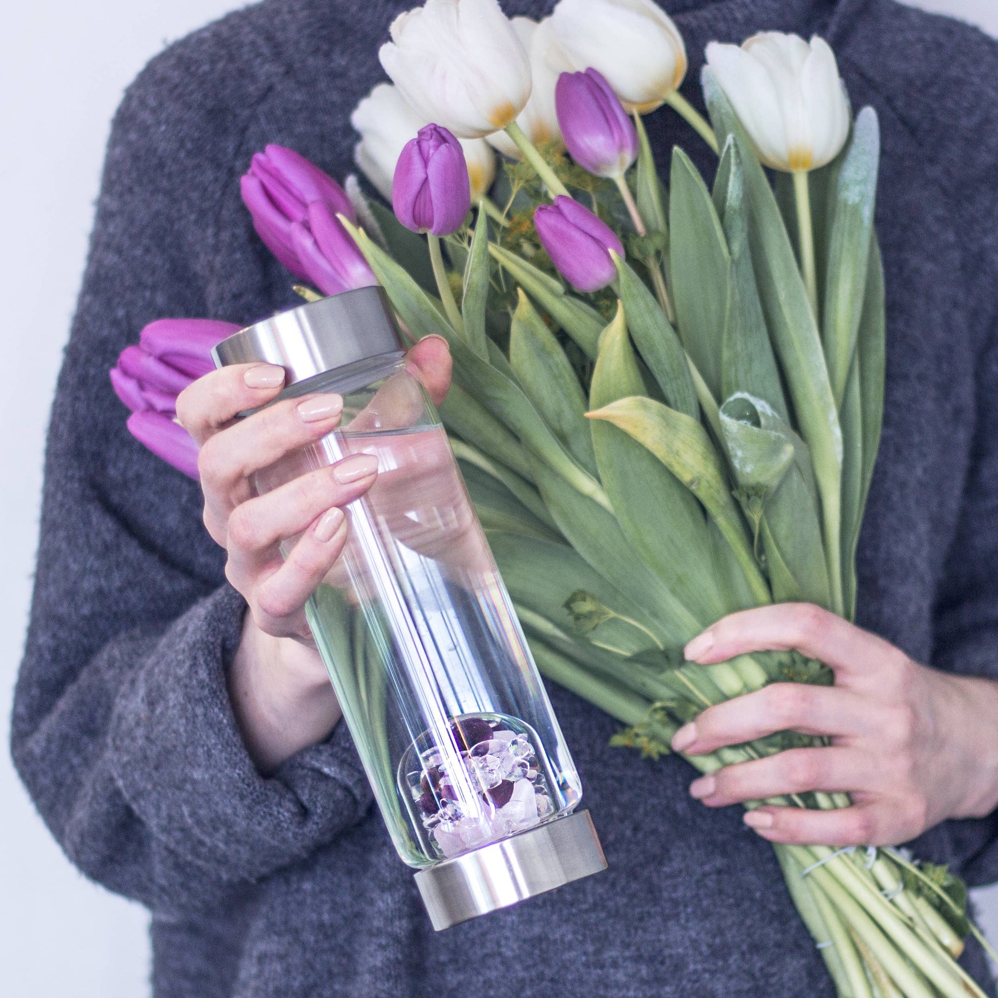 ViA Crystal Water Bottle | WELLNESS w Amethyst & Rose Quartz